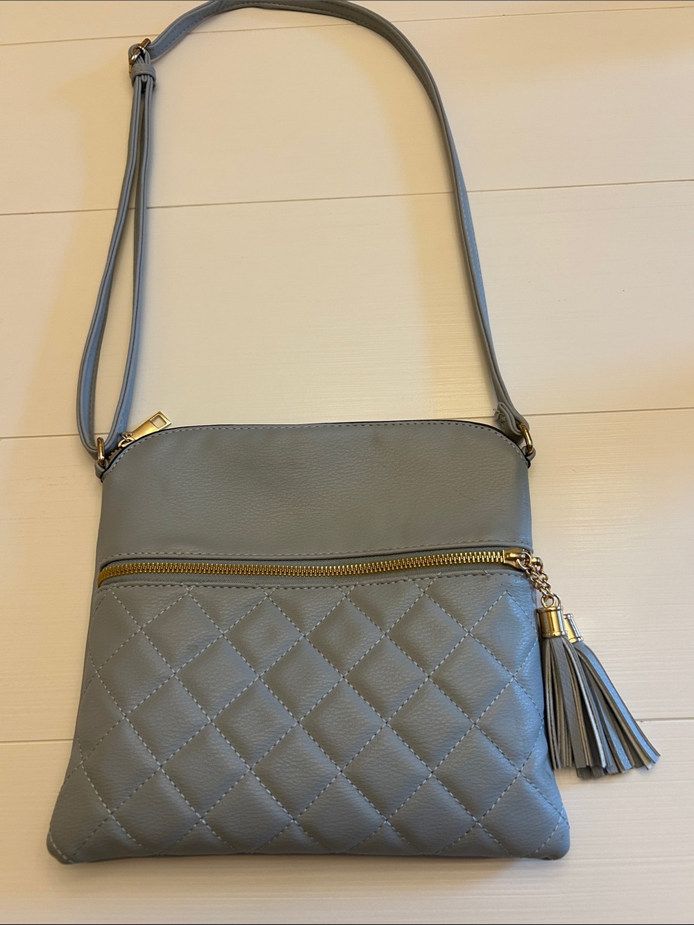 Quilted Crossbody Bag with Tassel Accent - Gray